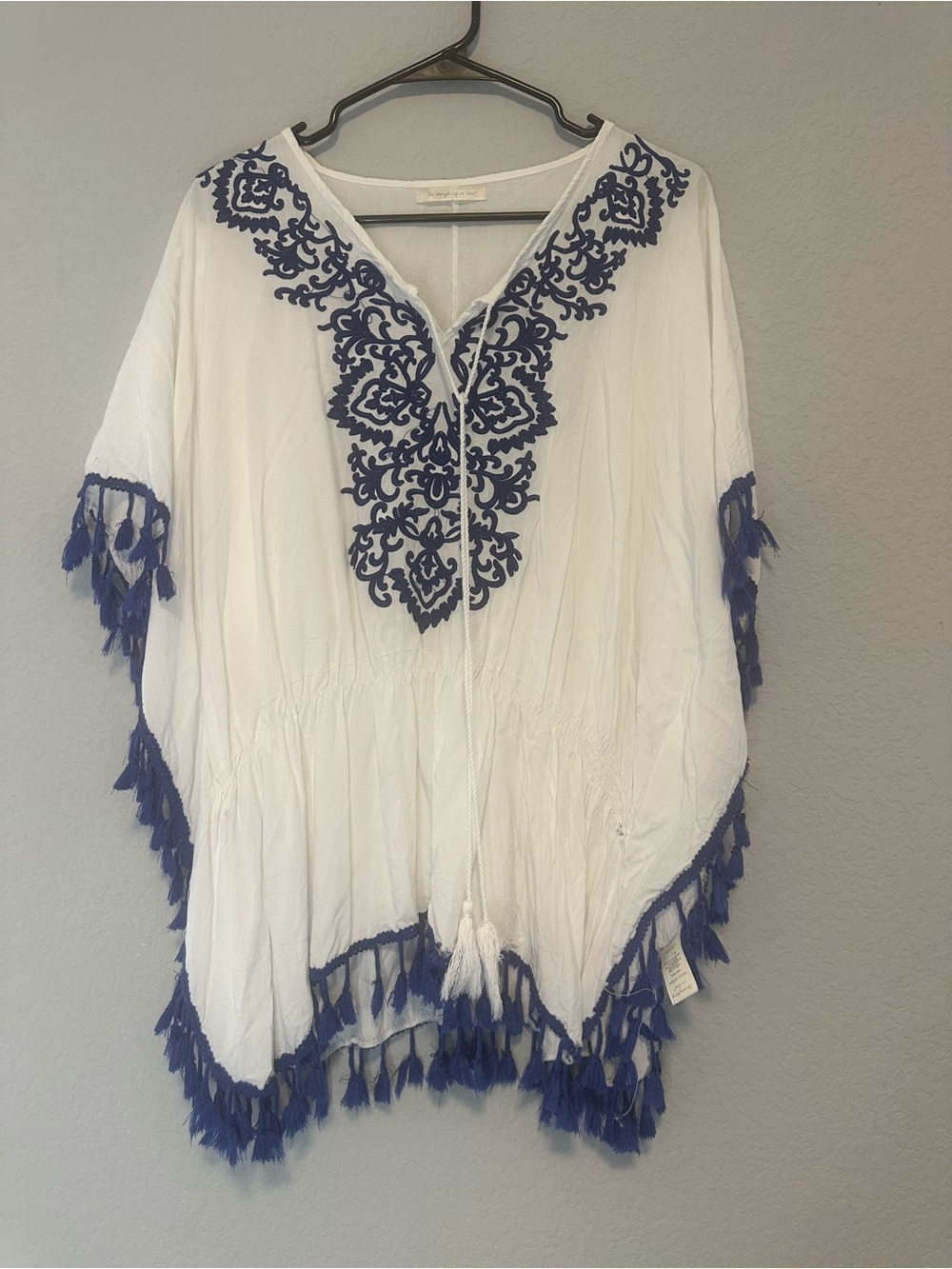 Do Everything In Love O/S Boho Tunic Kimono Blue Embroidered & Fringe Tassels